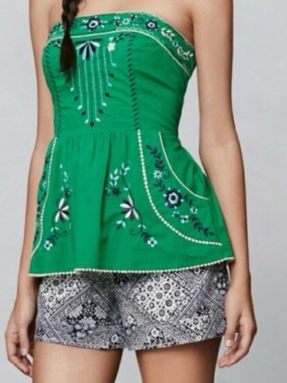 Anthropologie VanessaVirginia - Green Strapless Embroidered Peplum Top